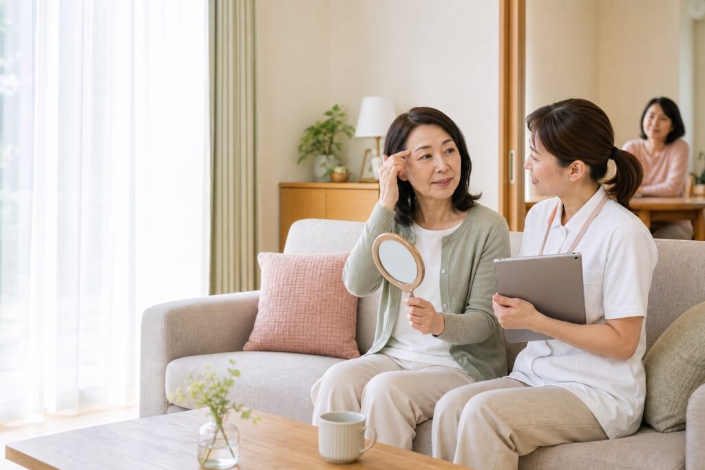 ご自宅で訪問医療アートメイクについて相談する女性と施術看護師のイメージ